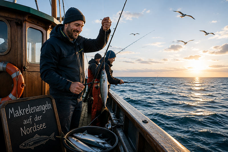 Angelrute auf der Nordsee bei Sonnenuntergang